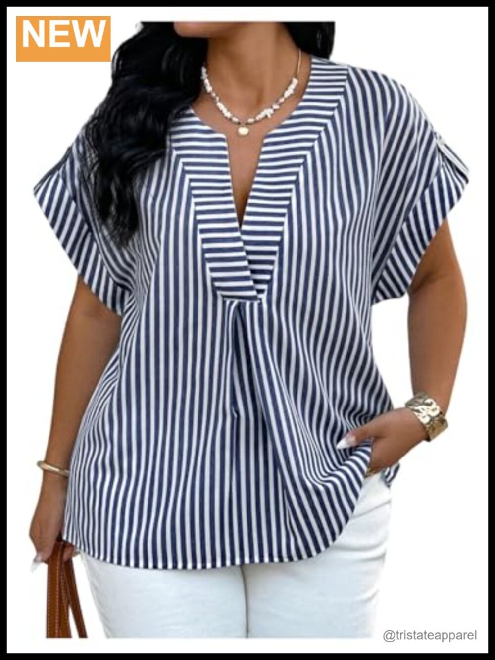 Plus Size Striped Notch V-Neck Short Sleeve Blouse Dolman Top